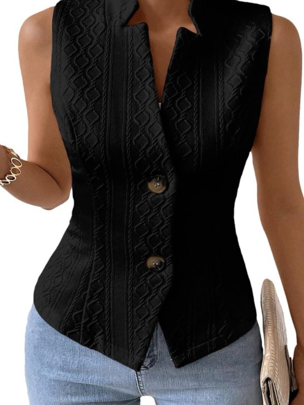 Black Sleeveless V-Neck Button-Front Knit Vest